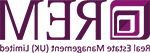 房地产管理(英国)的标志-紫色大写字母“REM”旁边的紫色方形插图. 下面紫色的字体是“房地产管理(英国)有限公司”